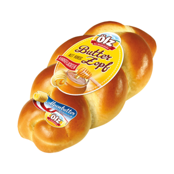Ölz Butterzopf mit Honig, handgeflochten, 500 Gramm Produktbild, Vorderseite der Verpackung